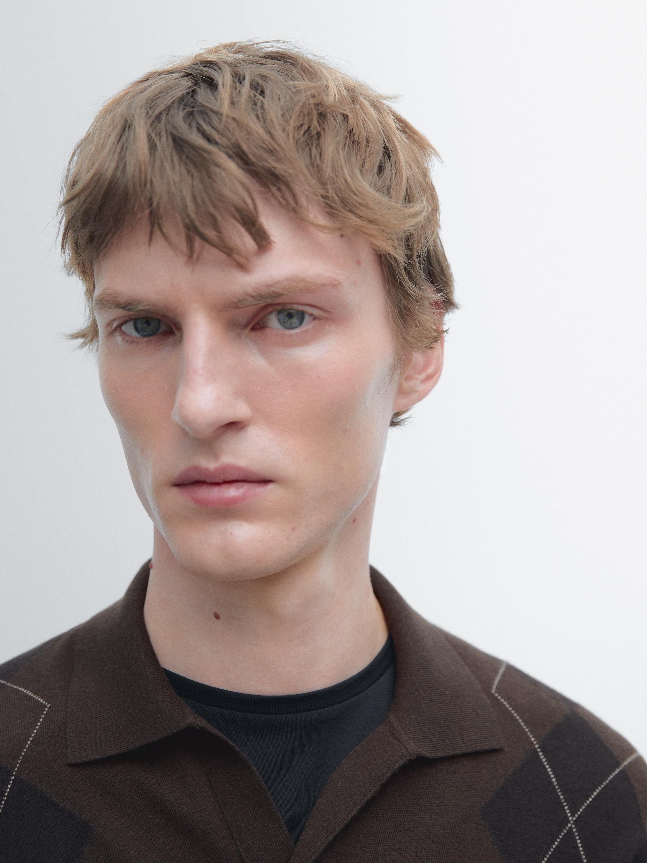 Wool blend argyle knit polo sweater